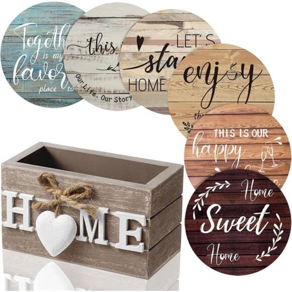 Wood Heart Coasters Set of 6 with Holder Farmhouse Drink Table Protection Gift - Picture 1 of 7